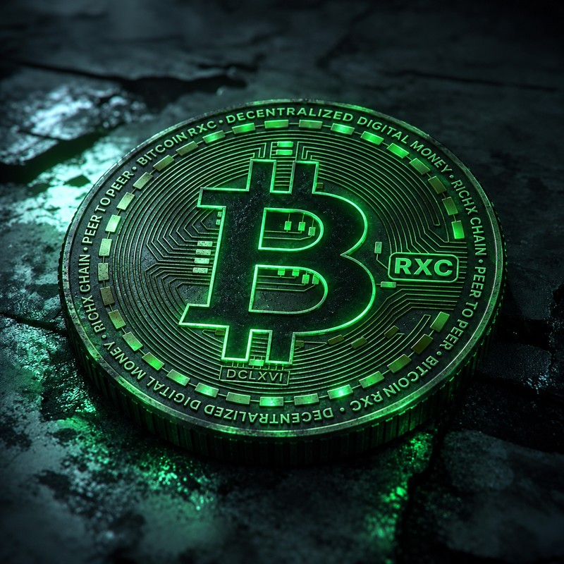 Bitcoin RXC coin emblem, green, lit from within